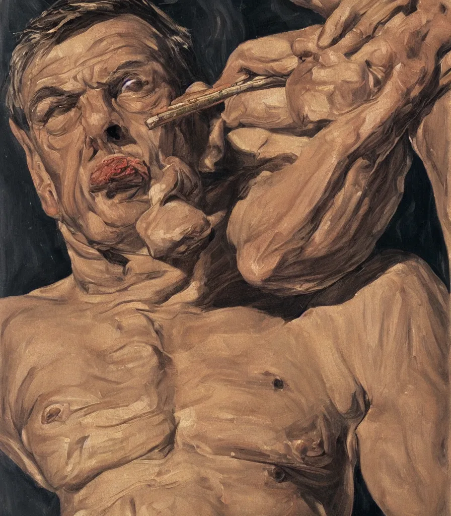 Image similar to the face and shoulders of a young politican without shirt in the style of lucian freud. smoking a cigarette. one hand is reaching behind he head. face has many wrinkles, cuts and character. he is looking down. oil painting, thick brush strokes. shadows. clean gray brown background. lit by a single light from above his head. perspective from below. 5 0 mm