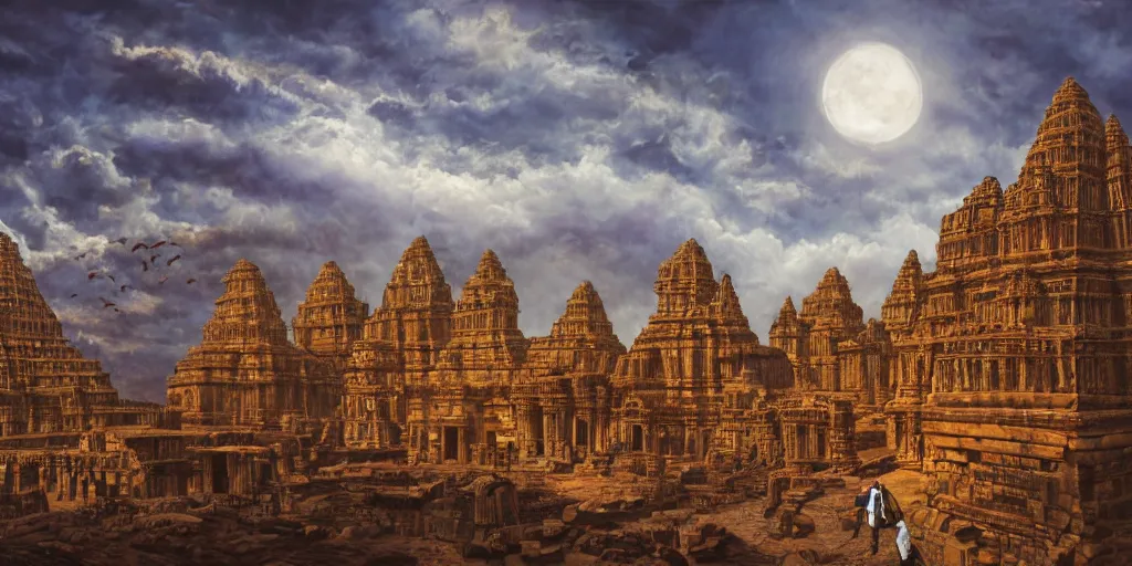 Image similar to fantasy oil painting, mega structure city, kailasa temple, ellora, angkor wat, hybrid, looming, small buildings, warm lighting, street view, silhouetted figure standing overlooking, space port city, epic, distant mountains, bright clouds, luminous sky, cinematic lighting, michael cheval, david palladini, artstation, oil painting, natural tpose