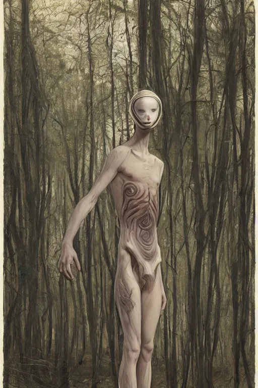 Image similar to portrait of slenderman standing in a deserted playground in the woods, by frantisek kupka, intricate, miles johnston, kuroda seiki, cynical realism, ozabu, john william godward, painterly, yoshitaka amano, moebius, miles johnston, louise zhang, james jean, mark ryden