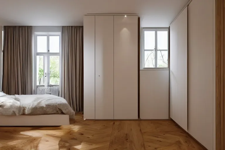 Image similar to a wardrobe with one of its doors open with winter inside it, luxurious bedroom with wooden floor and sunbeams streaming through the window