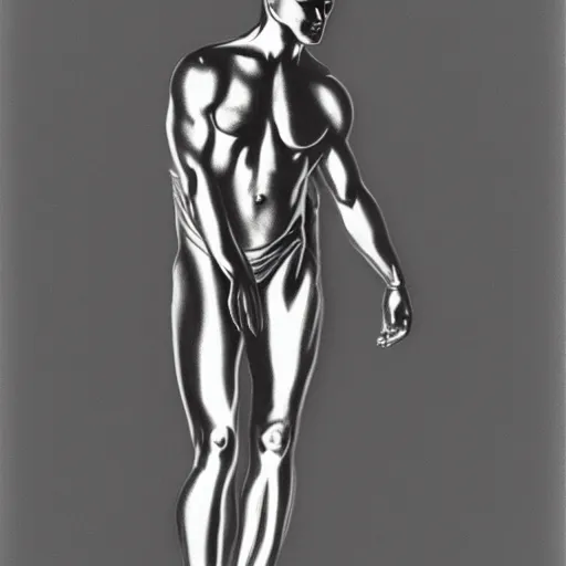 Image similar to full body portrait of the silver surfer, in style of robert mapplethorpe, 3 5 mm,