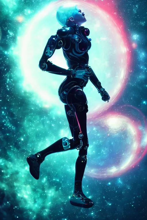 Image similar to woman cyborg floating in space letting go of reality and experiencing the quantum feild, matte painting comic book art, cinematic, highly detailed, realistic, beautiful cosmic neural network, octane render, unreal engine, depth of field, trending on artstation, sharp focus, philosophical splashes of colors