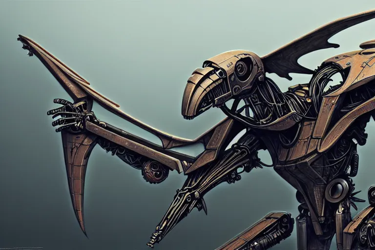 Prompt: pterodactyl in a winged cyborg mech suit, by alexandre ferra, zezhou chen, peter gric, mohamed reda and hr giger, hyper detailed line art, screen print, character concept art, realistic, coherent, octane render, zbrush central, behance hd, hypermaximalist