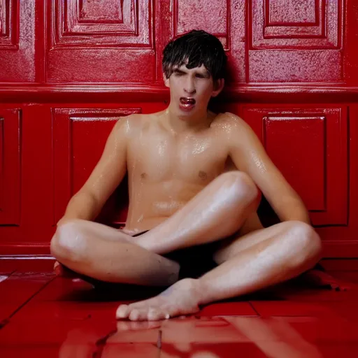 Image similar to A wet young man is standing on the floor on his head in the red room rain