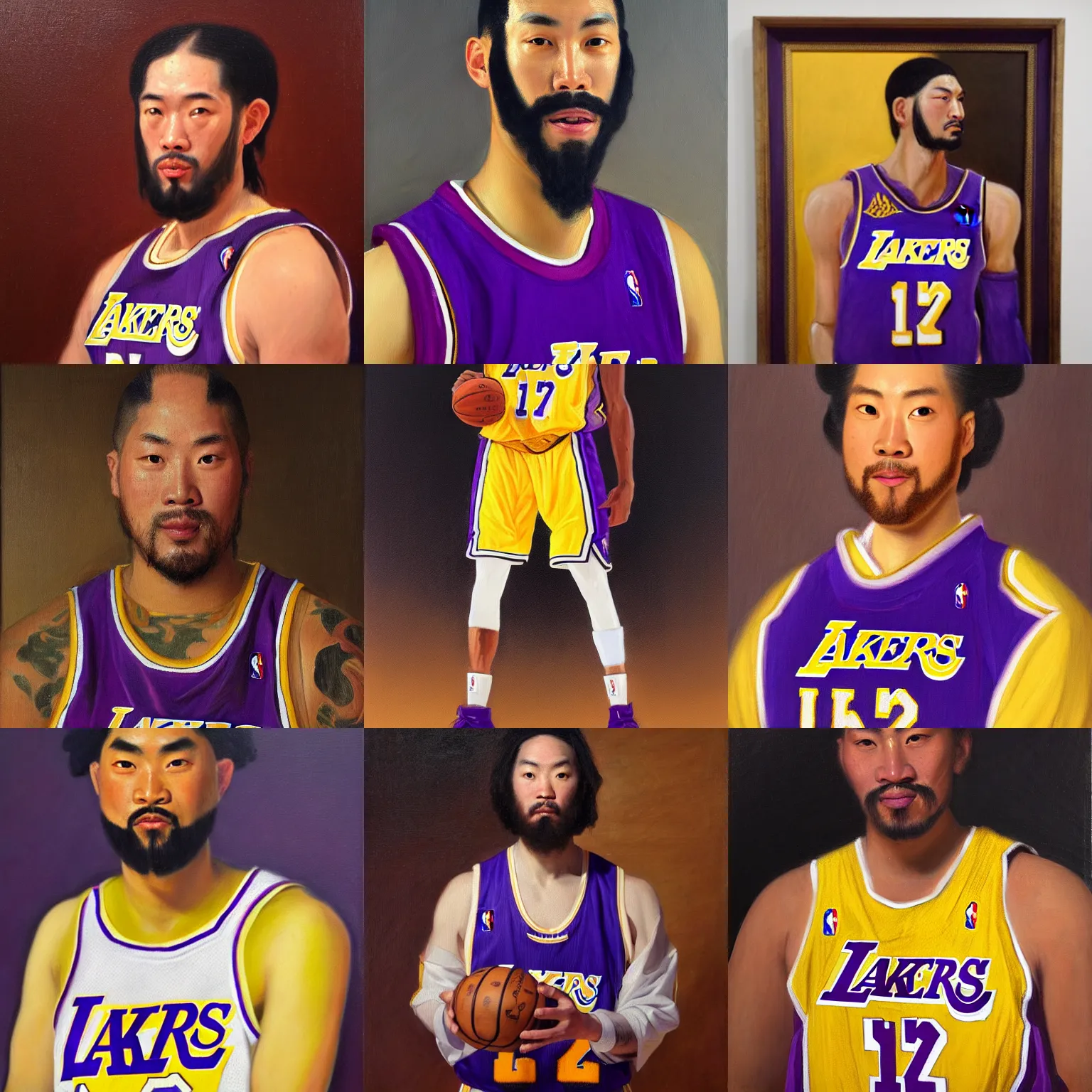 Prompt: official portrait of a los angeles lakers samurai, 1 7 1 1, oil on canvas by william sidney mount, trending on artstation