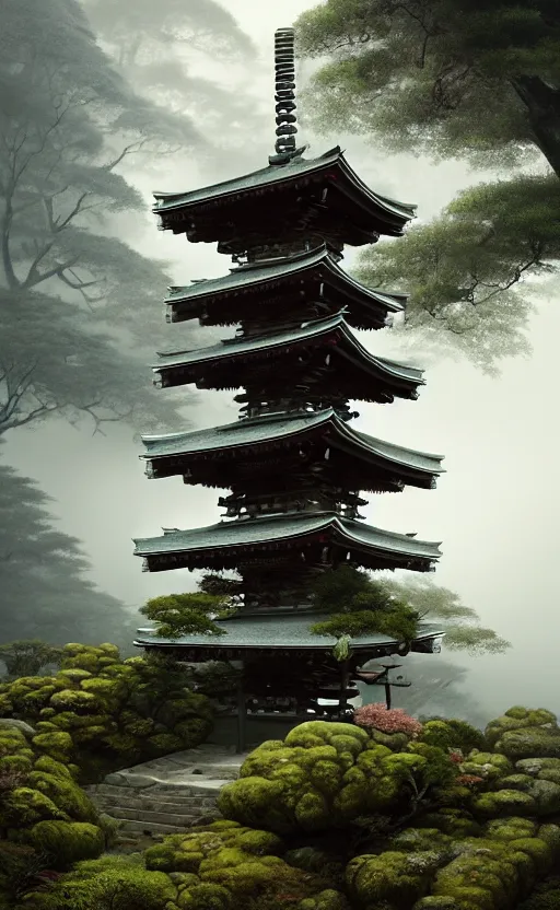 Image similar to japanese style shrine on top of a misty mountain overgrown, hyper realistic, lush gnarly plants, 8 k, denoised, by greg rutkowski, tom bagshaw, james gurney cinematic lighting