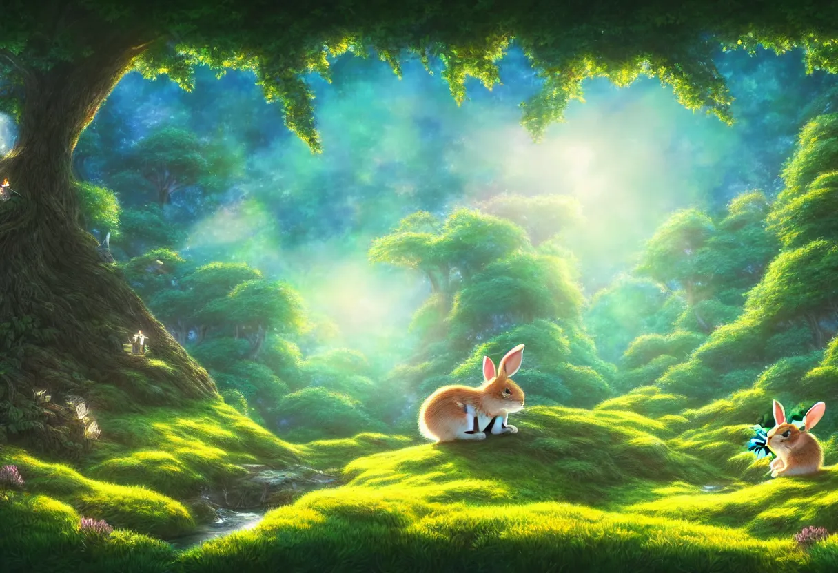 Image similar to a beautiful ultradetailed painting of dream forest, small rabbit, river, sunny, close shot, studio ghibli sunlight, archdaily, wallpaper, highly detailed, trending on artstation