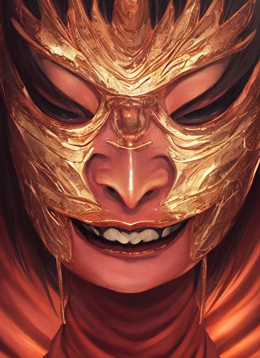 Prompt: a beautiful detailed oil on copper art illustration of a japanese saru mask devil woman, centered, by charlie bowater, zeng fanzh, trending on artstation, dim dusk lighting, cinematic lighting, detailed lighting, volumetric lighting, realistic, f 8, 4 k hd wallpaper