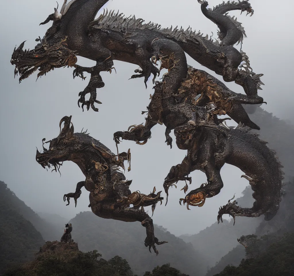 Image similar to a wuxia sword master encounters a big mythical oriental dragon on a misty mountain, 18mm f8 photography,