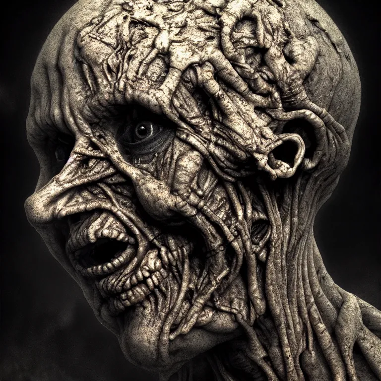 Image similar to ribbed abandoned closeup man face portrait on exoplanet, baroque painting, standing in a desolate empty wasteland, creepy, nightmare, dream-like heavy atmosphere, surreal abandoned buildings, beautiful detailed intricate insanely detailed octane render trending on Artstation, 8K artistic photography, photorealistic, chiaroscuro, Raphael, Caravaggio, Beksinski, Giger