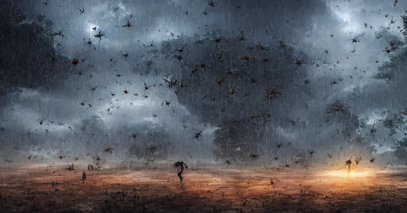 Prompt: realistic photo of wide battleground landscape, with army of monstrous insects fighting hardly futuristic human army, night, heavy rain, reflections, raytracing, raymarching, scattering, subsurface, full of reflections, volumetric fog light, dark and dramatic composition, deep depth, defocus, rendered in vray, raytracing, raymarching