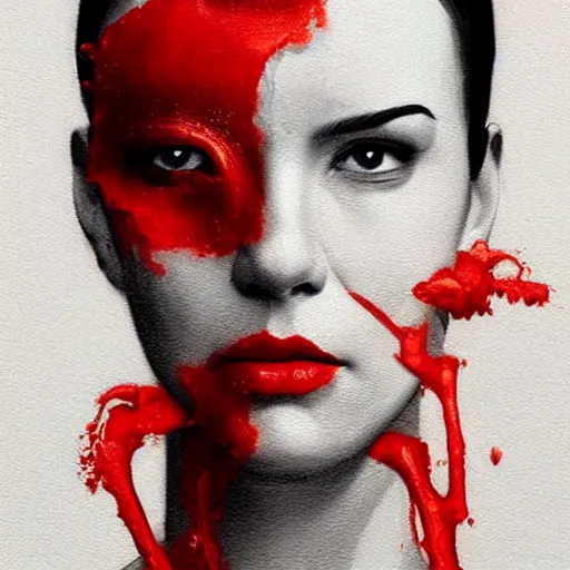 Prompt: A masterpiece portrait of a Female version of Patric Bateman from American Psycho. Red drops on face. medium shot, intricate, elegant, highly detailed. trending on artstation, digital art, by Stanley Artgerm Lau, WLOP, Rossdraws, James Jean, Andrei Riabovitchev, Marc Simonetti, Yoshitaka Amano