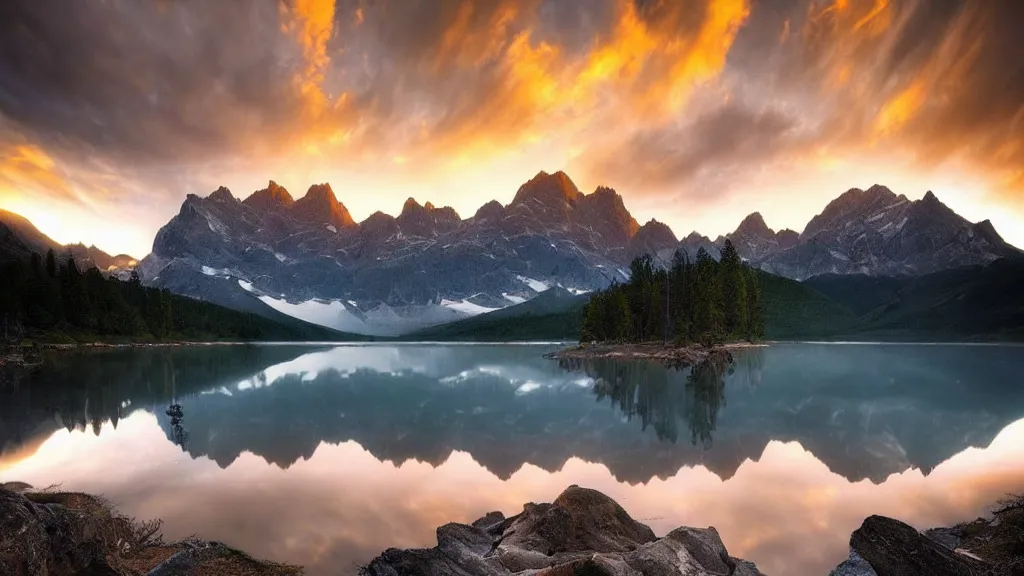 Image similar to amazing landscape photo of mountains with lake in sunset by marc adamus, beautiful dramatic lighting