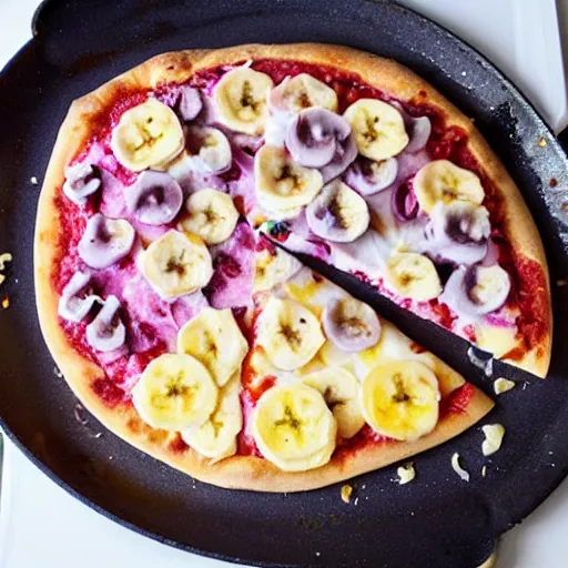 Prompt: unicorn pizza with banana and candy floss topping