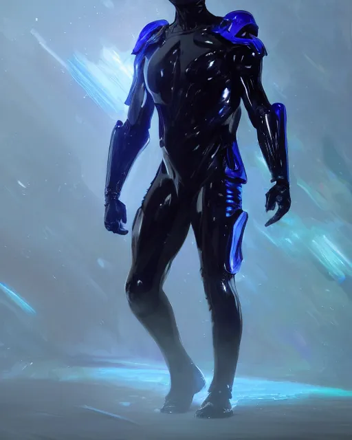 Image similar to character concept of iridescent sinewy smooth muscular male sleek glossy indigo black pearlescent scifi armor with smooth black onyx featureless helmet, by greg rutkowski, mark brookes, jim burns, tom bagshaw, magali villeneuve, trending on artstation