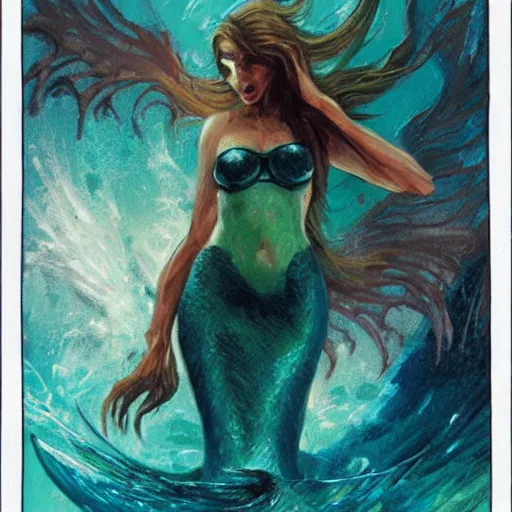 Prompt: magic the gathering card art depicting a terrifying mermaid, gestural brush strokes