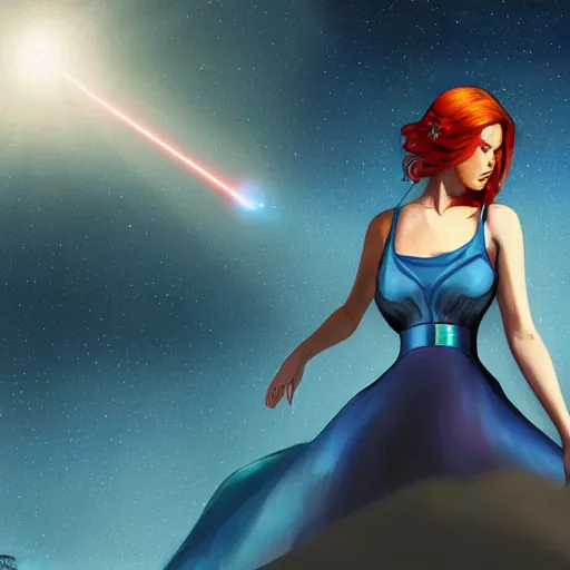 Prompt: portrait of a beautiful tattoed redhead woman carrying a laser gun, a planet in the background. blue dress, light iridescent hair color, long windy hair style, fantasy, intricate, sharp focus, lens flare, bloom, rim light, illustration, highly detailed, realistic, digital painting, concept art, matte, art by ruan jia