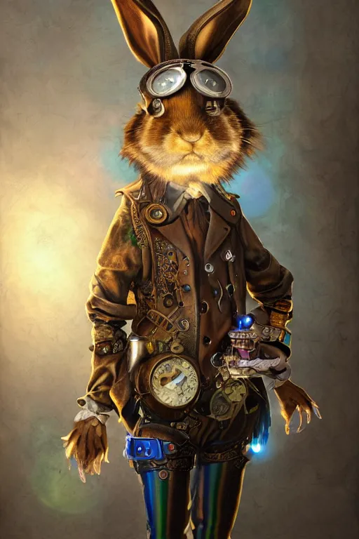 Prompt: ultra realist soft painting of a single steampunk rabbit artist, very intricate details, volumetric rainbow lighting, reflections, refractions, symmetry accurate humanoid anatomy features, unreal render