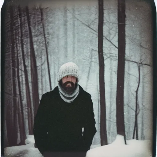 Image similar to vintage polaroid photograph of a man wearing black winter clothes and a black beanie in a snowy forest, standing next to a car