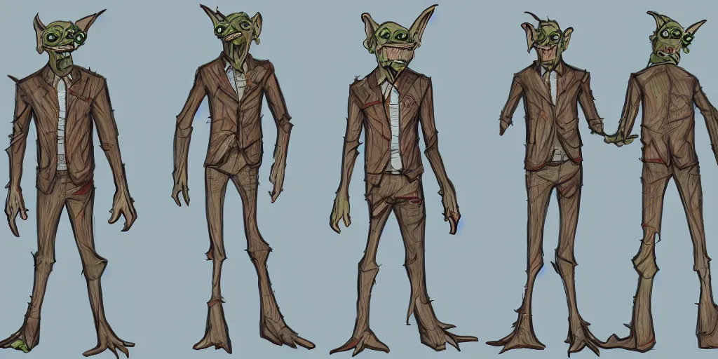 Image similar to Full body goblin, ripped suit, grinning, smile, concept sheet