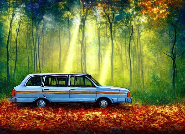 Prompt: Impressionism painting of a an abandoned 1980s taxi car in a forest with falling leaves, dramatic, sunrays