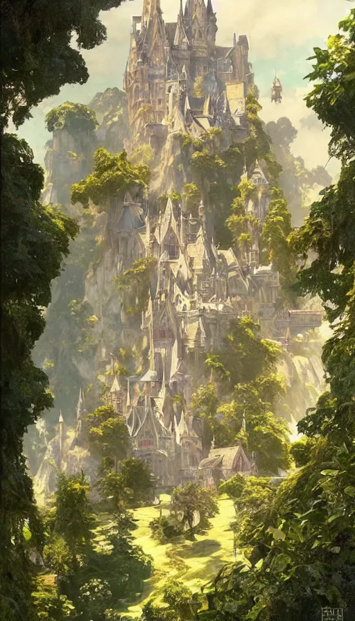 Prompt: castle seen from the sky, cyberpunk, design on white background, beautiful details, lush foliage, drawn by john singer sargent, tom bagshaw, norman rockwell, alphonso mucha, lolish, trending on artstation