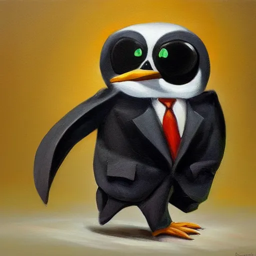 Image similar to oil painting, a developer penguin in a suit, intricate, masterpiece, artstation, stunning