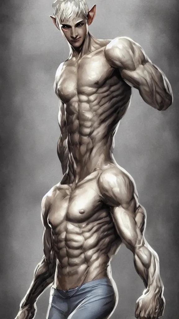 Image similar to a cute calm handsome young adult male muscular slim blu skin elf with grey light tight clothes concept art in the style of lee bermejo and greg rutkowski