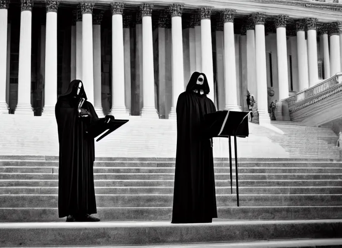 Prompt: death gives inaugural address on the steps of the capitol, 3 5 mm photography, highly detailed, cinematic lighting, standing pose, fully body shot, holding lightsaber 4 k