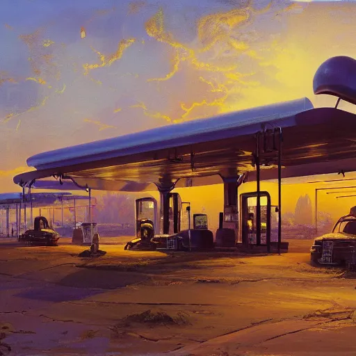 Prompt: painting of syd mead artlilery scifi organic shaped gas station with ornate metal work lands on a farm, fossil ornaments, volumetric lights, purple sun, andreas achenbach
