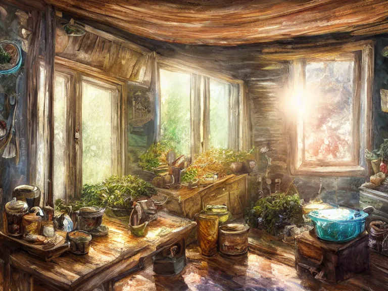 Image similar to expressive rustic oil painting, interior view of a cluttered herbalist cottage, waxy candles, wood furnishings, herbs hanging, light bloom, dust, ambient occlusion, morning, rays of light coming through windows, dim lighting, brush strokes oil painting