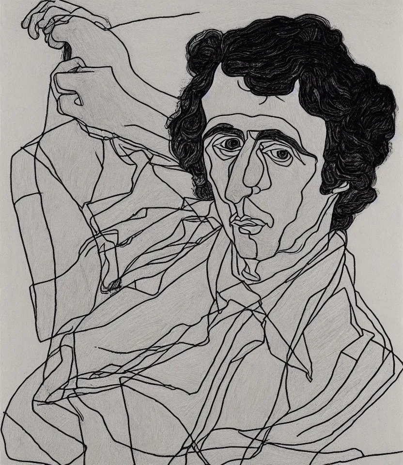 Image similar to detailed line art portrait of frederic chopin, inspired by egon schiele. caricatural, minimalist, bold contour lines, musicality, soft twirls curls and curves, confident personality, raw emotion