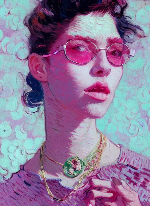 Prompt: portrait of a beautiful girl, necklace, eyes closed, open mouth, shades of pink, beautiful face, rule of thirds, intricate outfit, spotlight, by greg rutkowski, by jeremy mann, by francoise nielly, by van gogh, digital painting