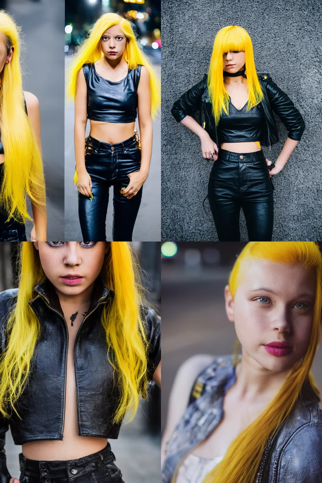 Prompt: 5 5 mm portrait photo of a girl with yellow hair wearing a leather crop top walking on a night street, 4 k photo, dslr, canon m 5 0, close up portrait