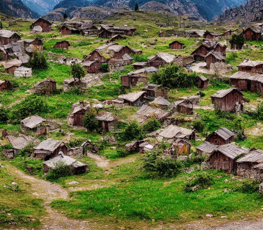 Prompt: Idyllic Svanetian village in Georgia, ultra wide angle photo, 4k