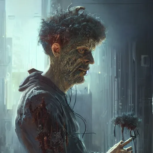 Prompt: henry dorsett case, middleaged shaggy cyborg, heavily augmented, wired, smoker, hacker, cyberpunk, painted by seb mckinnon, high detail, dramatic light, digital art, painted by greg rutkowski, promotional movie posterart, trending on artstation