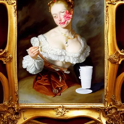 Prompt: heavenly summer sharp land sphere scallop well dressed lady drinking a starbucks coffee, auslese, by peter paul rubens and eugene delacroix and karol bak, hyperrealism, digital illustration, fauvist, starbucks coffee
