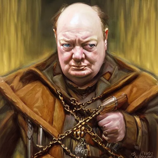 Prompt: Winston Churchill as a fantasy D&D cleric, portrait art by Donato Giancola and James Gurney, digital art, trending on artstation