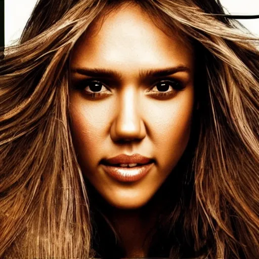 Image similar to model face photo of jessica alba as super saiyan powering up long hair by annie leibovitz