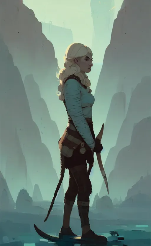 Image similar to female viking by atey ghailan, by greg rutkowski, by simon stalenhag, by greg tocchini, by james gilleard, by joe fenton, by kaethe butcher dynamic lighting, gradient light blue, brown, blonde cream and white color scheme, grunge aesthetic