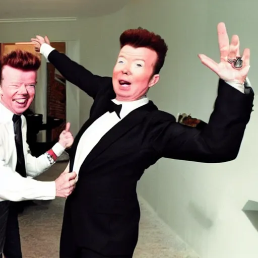 Prompt: Rick Astley doing the Gangnam Style with Walter White