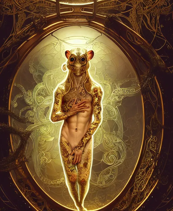 Prompt: intricate ornate opulent transparent clear see - through golden portrait of a beautiful male alien rat, mottled coloring, adorable, childlike, overgrown jungle environment, ultra realistic, concept art, art nouveau, photorealistic, octane render, 8 k, unreal engine. art by christopher marley and artgerm and greg rutkowski and alphonse mucha