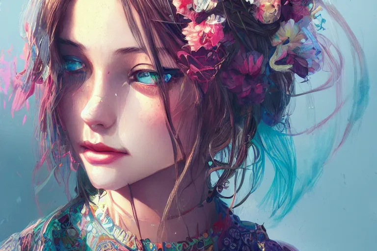 Image similar to a beautiful bohemian girl, portrait, intricate, highly detailed, digital painting, pixiv, artstation, official media, anime key visual, concept art, rich vivid colors, ambient lighting, sharp focus, illustration, art by wlop