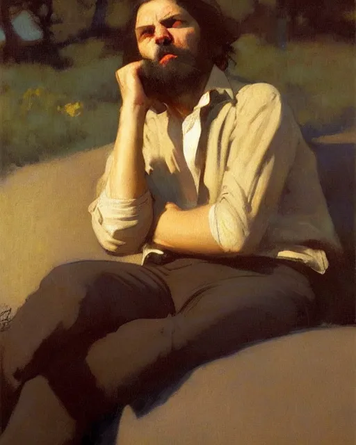 Prompt: a guy waiting for his love to come, art by greg rutkowski, gustave courbet, rosa bonheur, edward hopper. faithfully depicted facial expression, perfect anatomy, sharp focus, global illumination, radiant light, detailed and intricate environment, trending on artstation