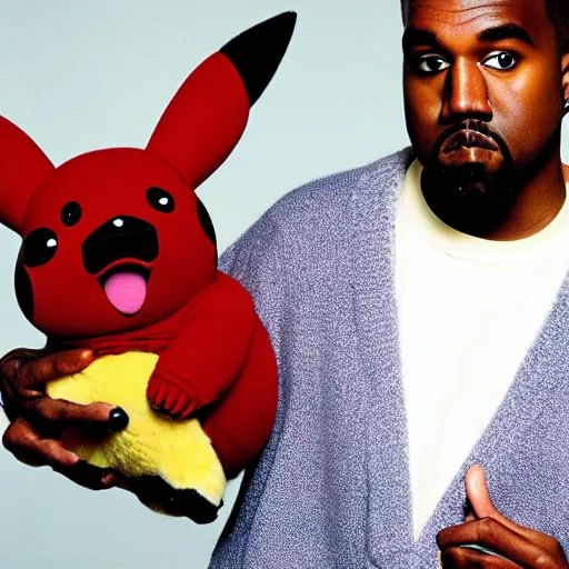 Image similar to Kanye West holding pikachu for a 1990s sitcom tv show, Studio Photograph, portrait