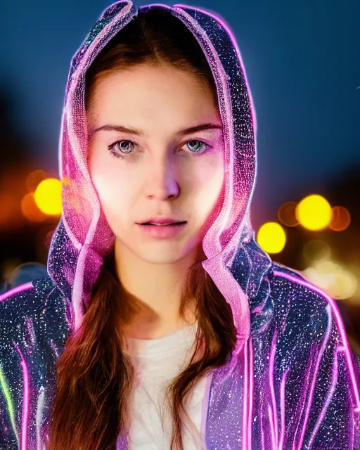 Image similar to a closeup portrait of as beautiful young woman wearing a transparent hoody standing in the middle of a busy night road, raining with lots on neon lights on the background