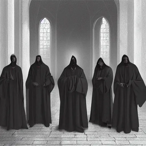 Image similar to a detailed matte painting of a group of 7 senior priests in black robes with their hood up and pitch black eyes, concept art, incense smoke drifting through the air, portrait, artstation, volumetric lighting, exquisite detail, octane render, 8 k postprocessing, art by john collier and albert aublet and artem demura and alphonse mucha