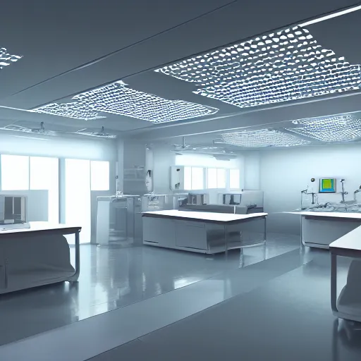 Image similar to concept interior design futuristic laboratory with a lot of lights and halls, ray tracing, 4 k