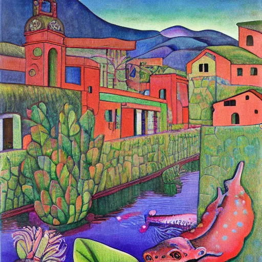 Prompt: axolotl swimming in a river with a quaint mexican village in the background painted by diego rivera