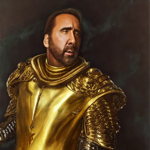 Image similar to Nicolas Cage in a gold armor, religious masterpiece portrait, oil on canvas, occult night, in the world of Andrew Wyeth and Dark Souls, artstation, by J. C. Leyendecker and Peter Paul Rubens,